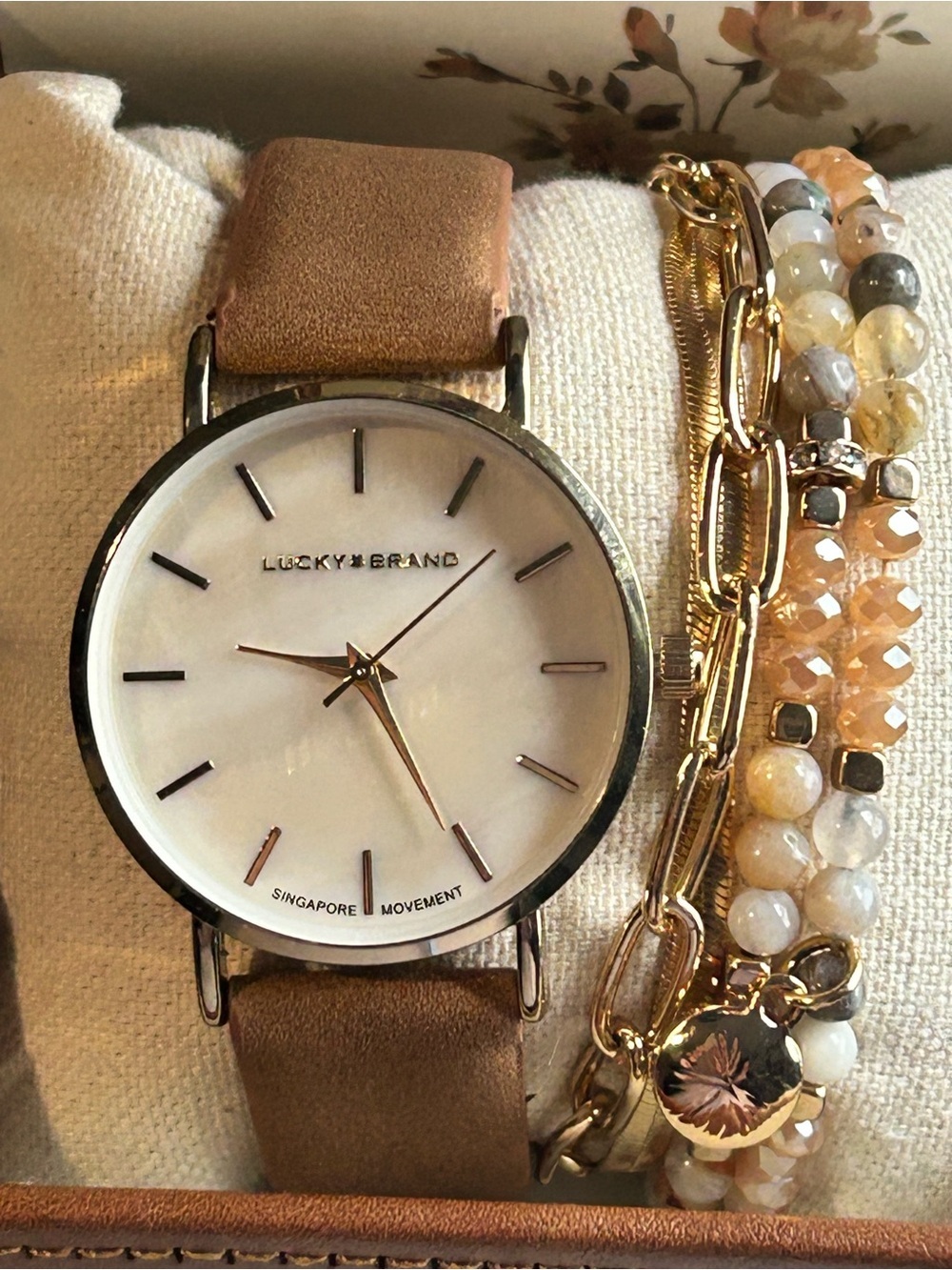 Lucky Brand Women’s Taupe Leather Watch with Gold Accents